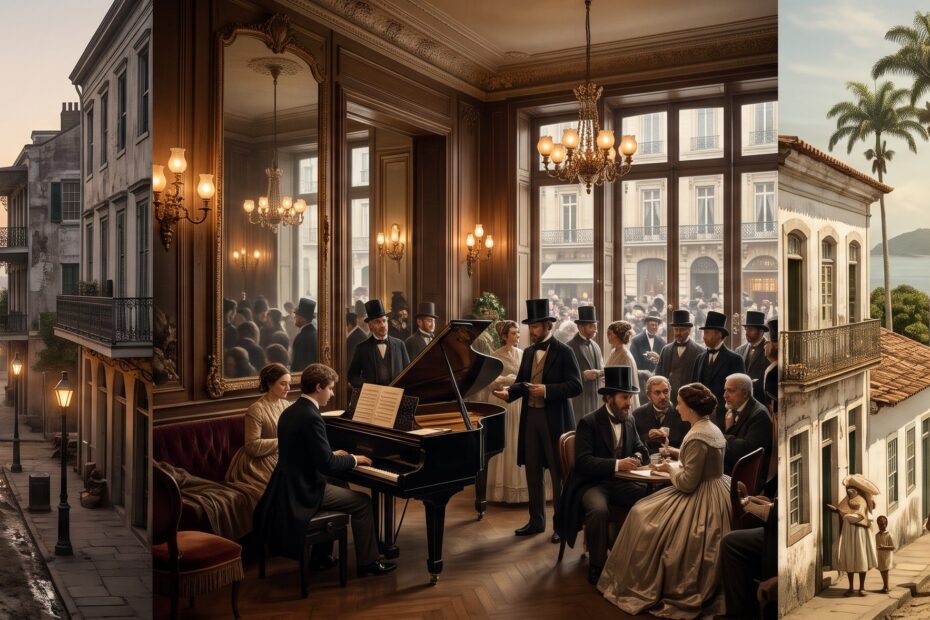 Panorama of 1850s New Orleans, a Paris salon with a pianist at a grand piano, and Rio de Janeiro with Sugarloaf Mountain